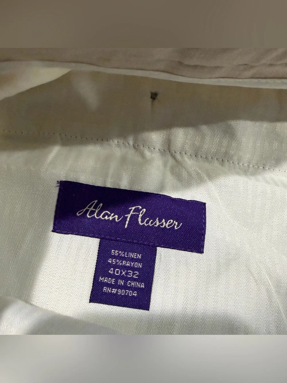 Alan Flusser Pants Mens 40x27 Beige Linen Blend Pleated Dress Trousers